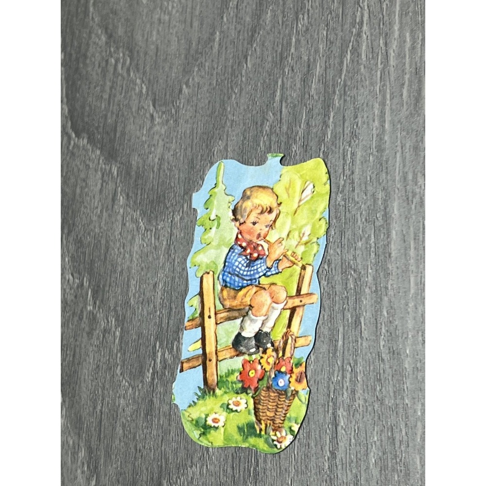 Antique Die-Cut Scrap Boy on Fence with Flowers Ephemera Spring Art - Picture 2 of 4